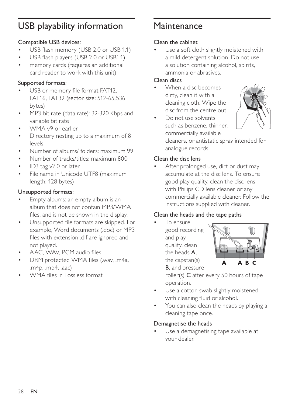 Maintenance, Usb playability information | Philips FWD14 User Manual | Page 27 / 32