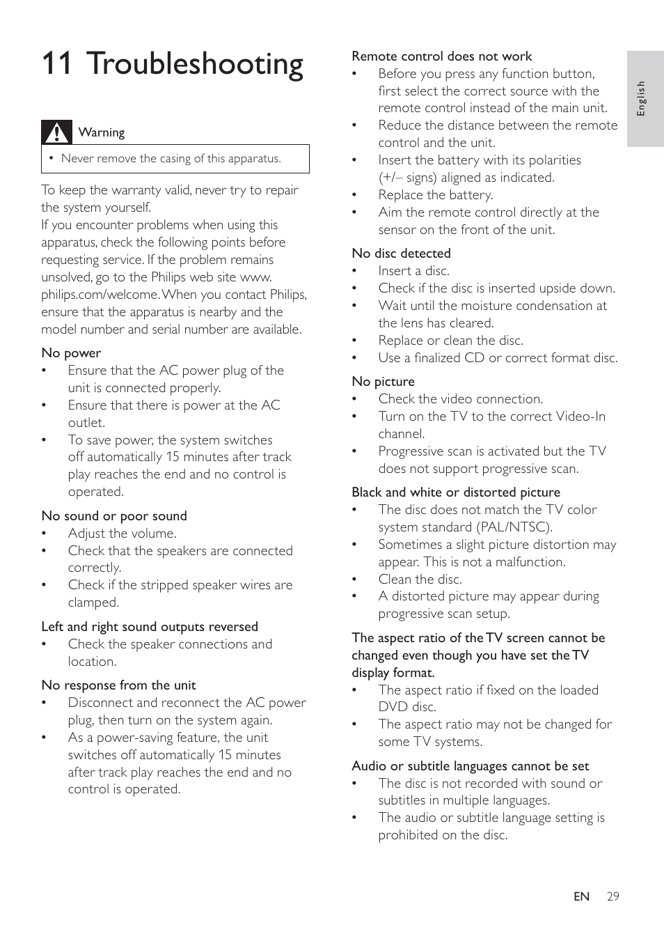 11 troubleshooting | Philips FWD14 User Manual | Page 28 / 32