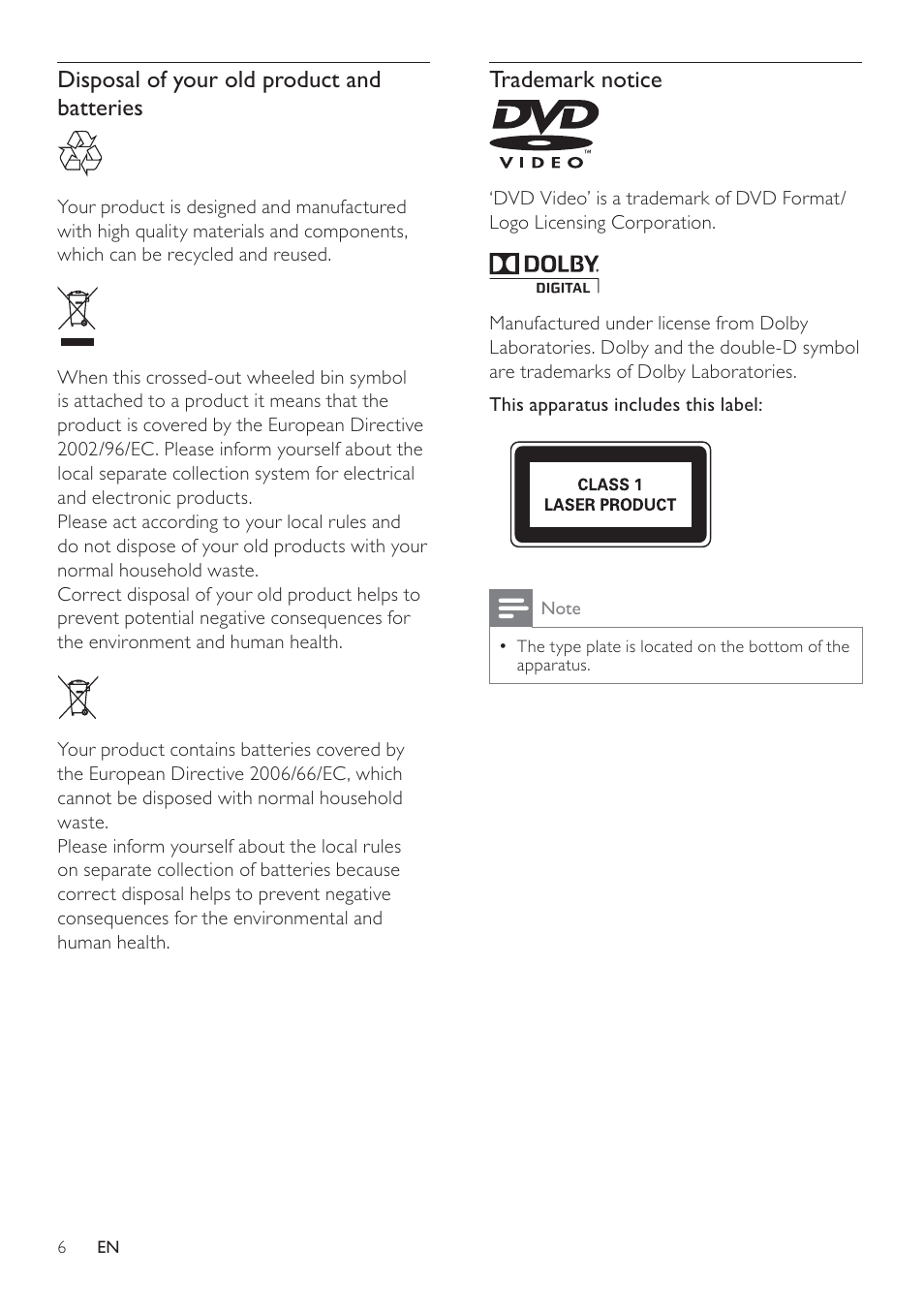 Trademark notice, Disposal of your old product and batteries | Philips FWD14 User Manual | Page 5 / 32