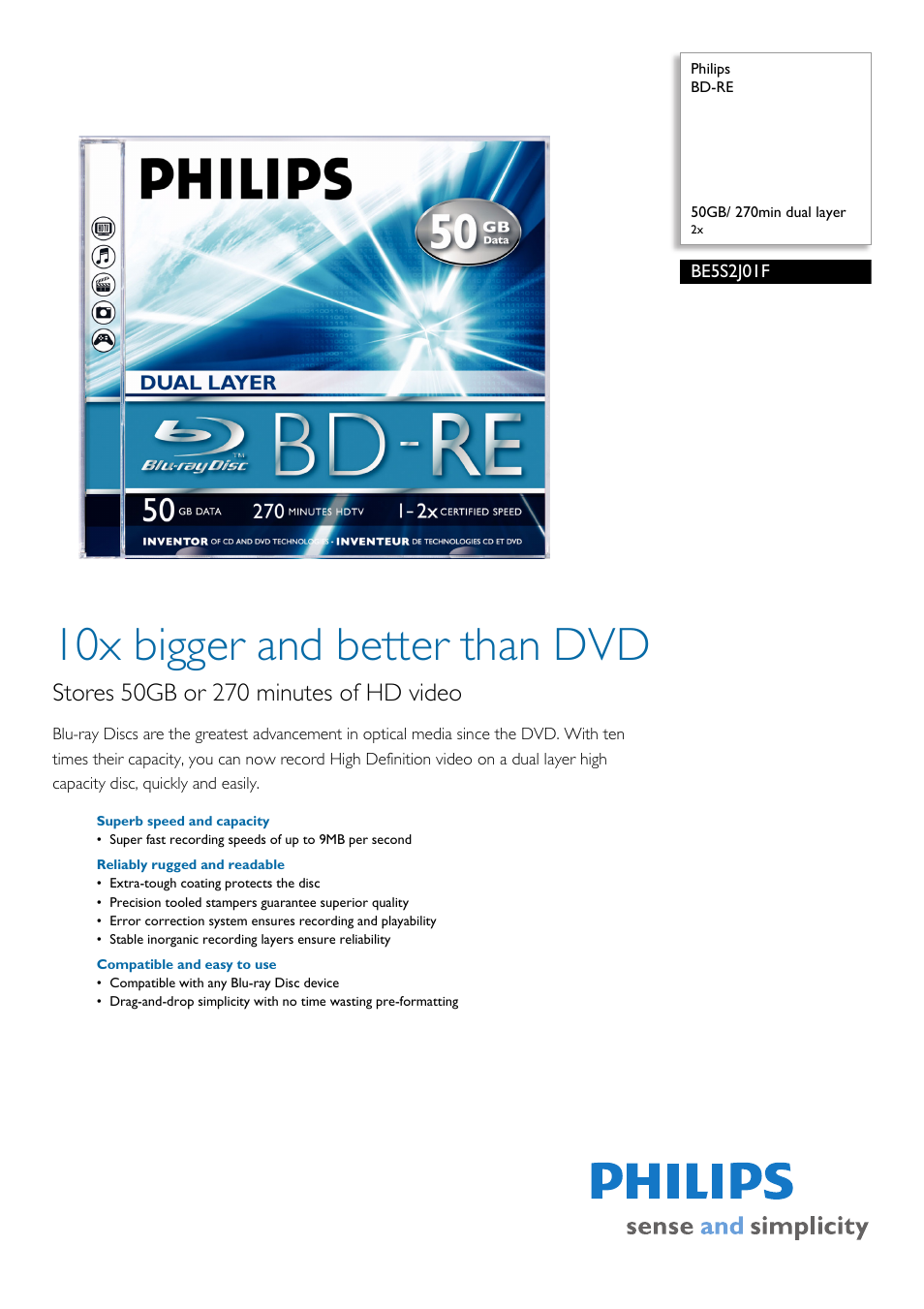 Philips BD-RE BE5S2J01F User Manual | 2 pages