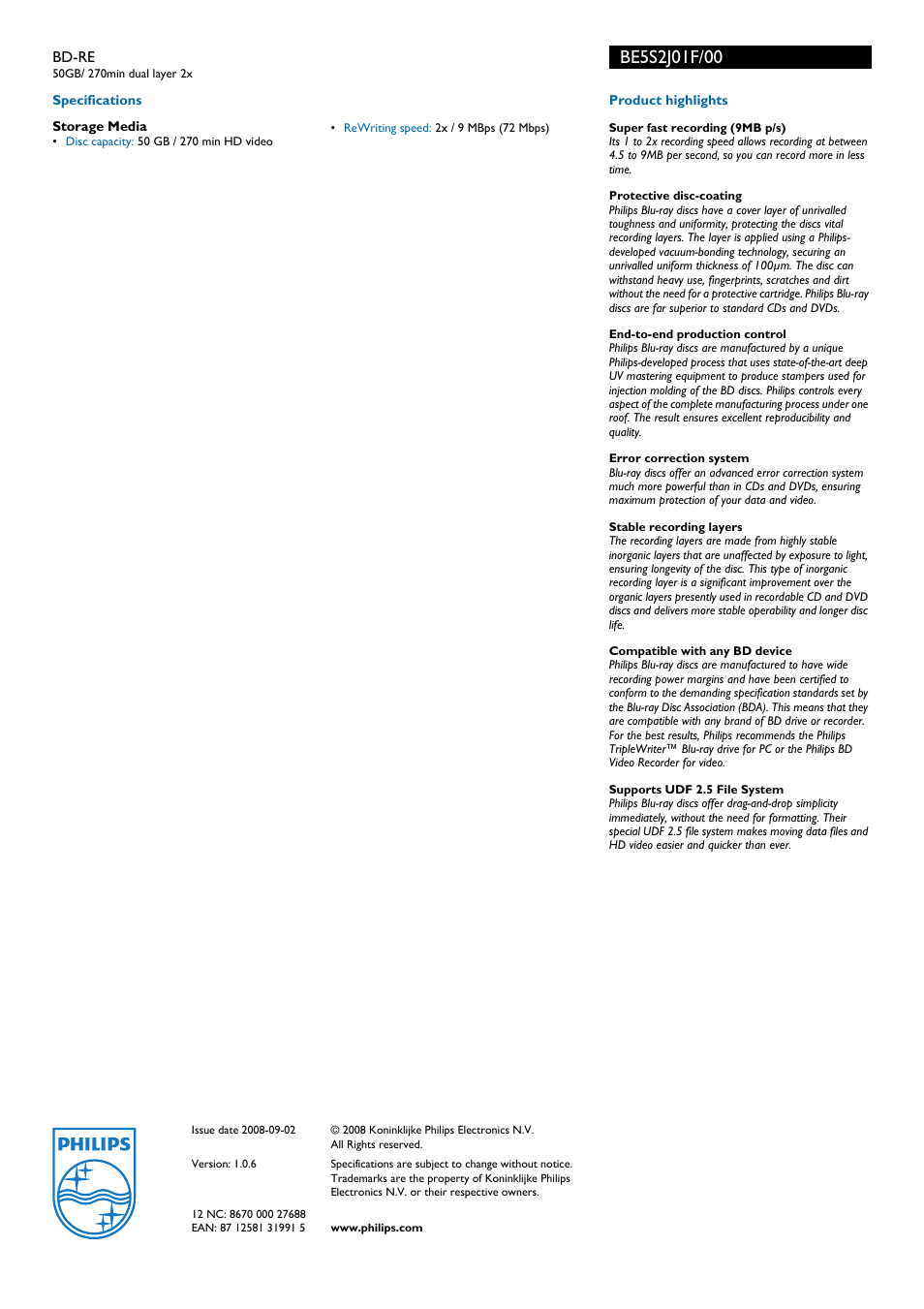 Philips BD-RE BE5S2J01F User Manual | Page 2 / 2