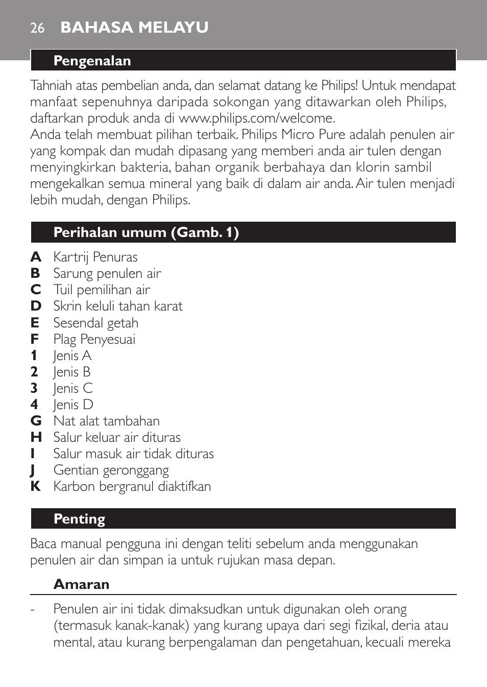 Bahasa melayu, Bahasa melayu 26 | Philips WP3810 User Manual | Page 26 / 84