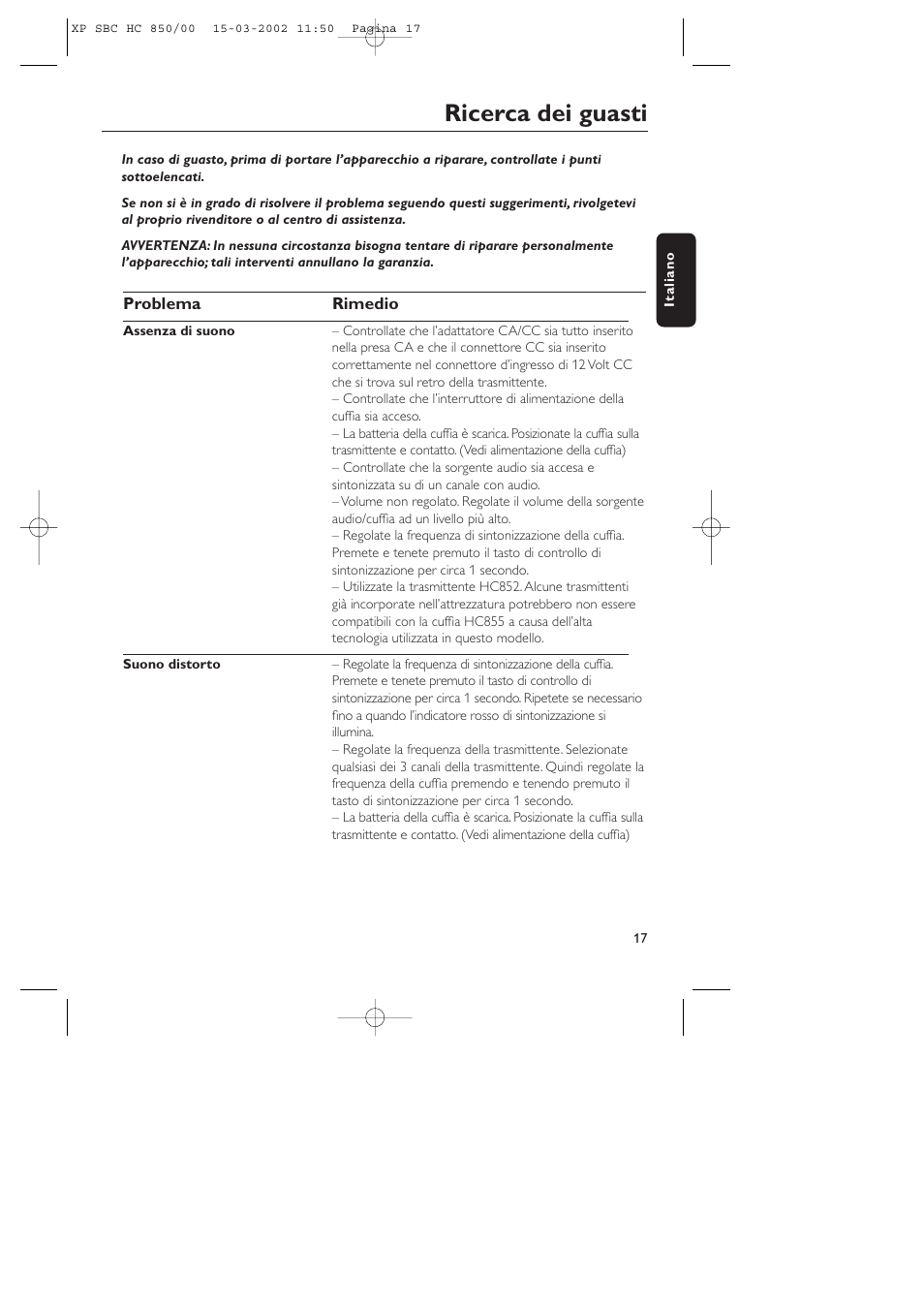 Ricerca dei guasti | Philips STEREO WIRELESS HEADPHONE HC850 User Manual | Page 17 / 30