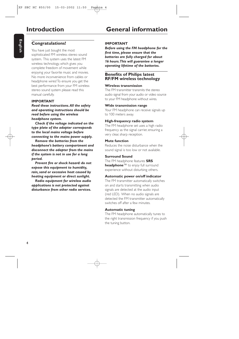 Introduction general information | Philips STEREO WIRELESS HEADPHONE HC850 User Manual | Page 4 / 30