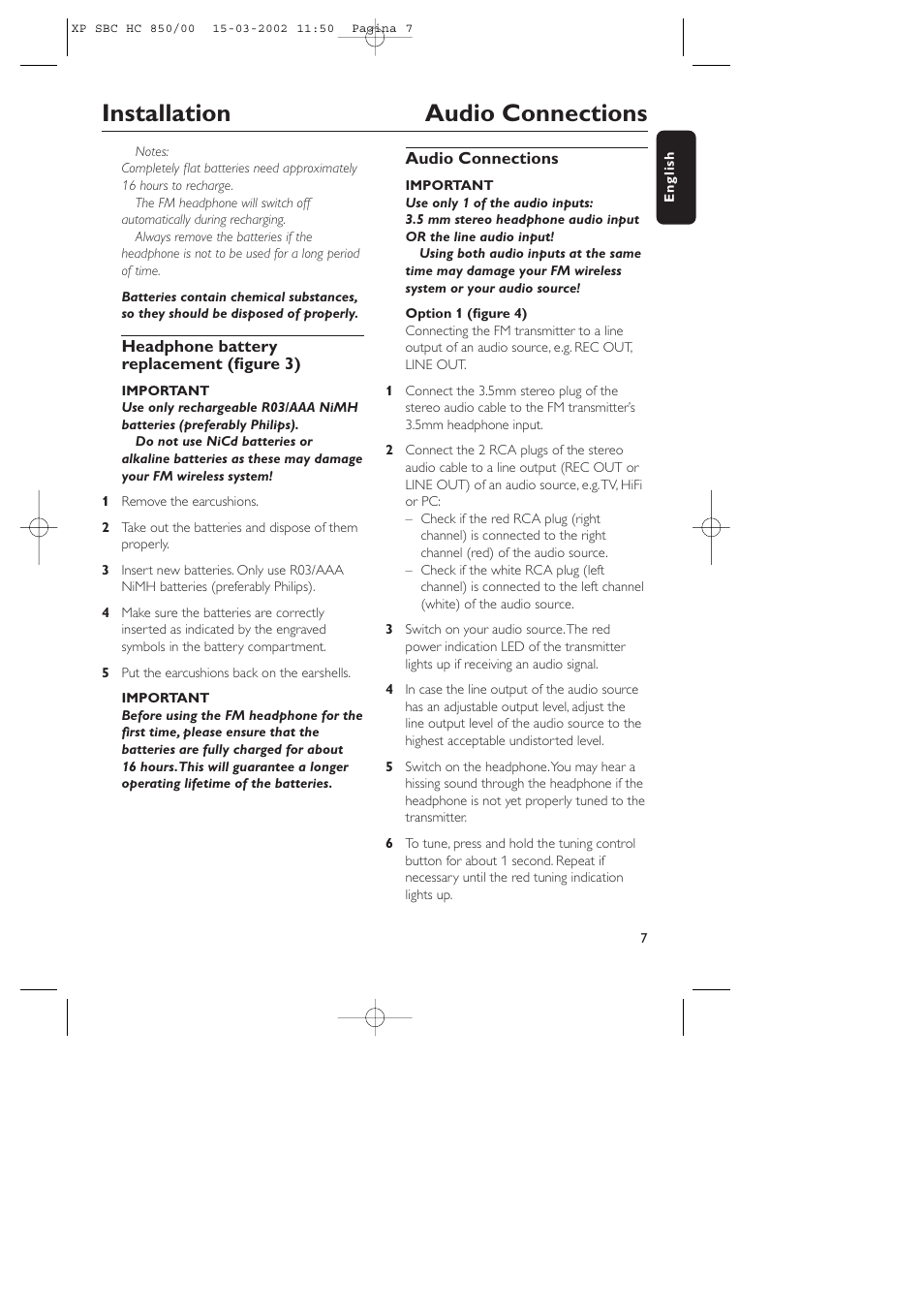 Installation audio connections | Philips STEREO WIRELESS HEADPHONE HC850 User Manual | Page 7 / 30