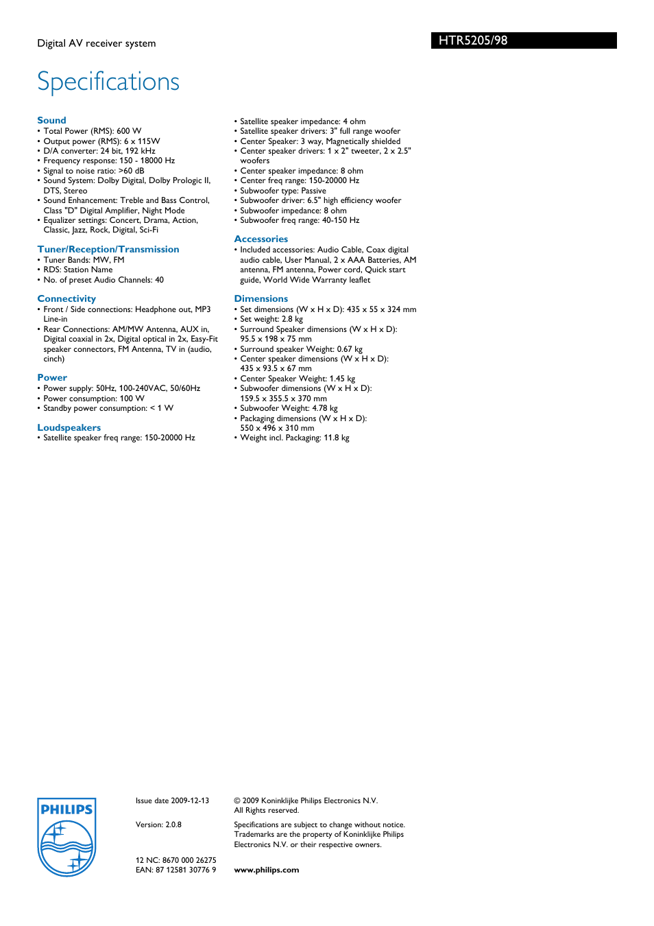 Specifications | Philips HTR5205 User Manual | Page 3 / 3