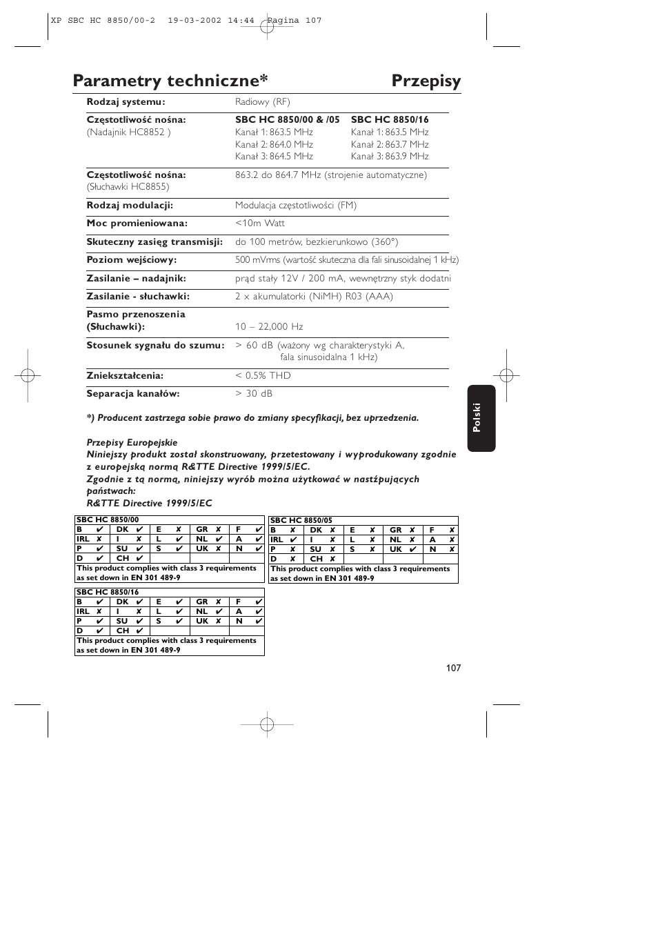 Parametry techniczne* przepisy | Philips HC8850 User Manual | Page 107 / 135