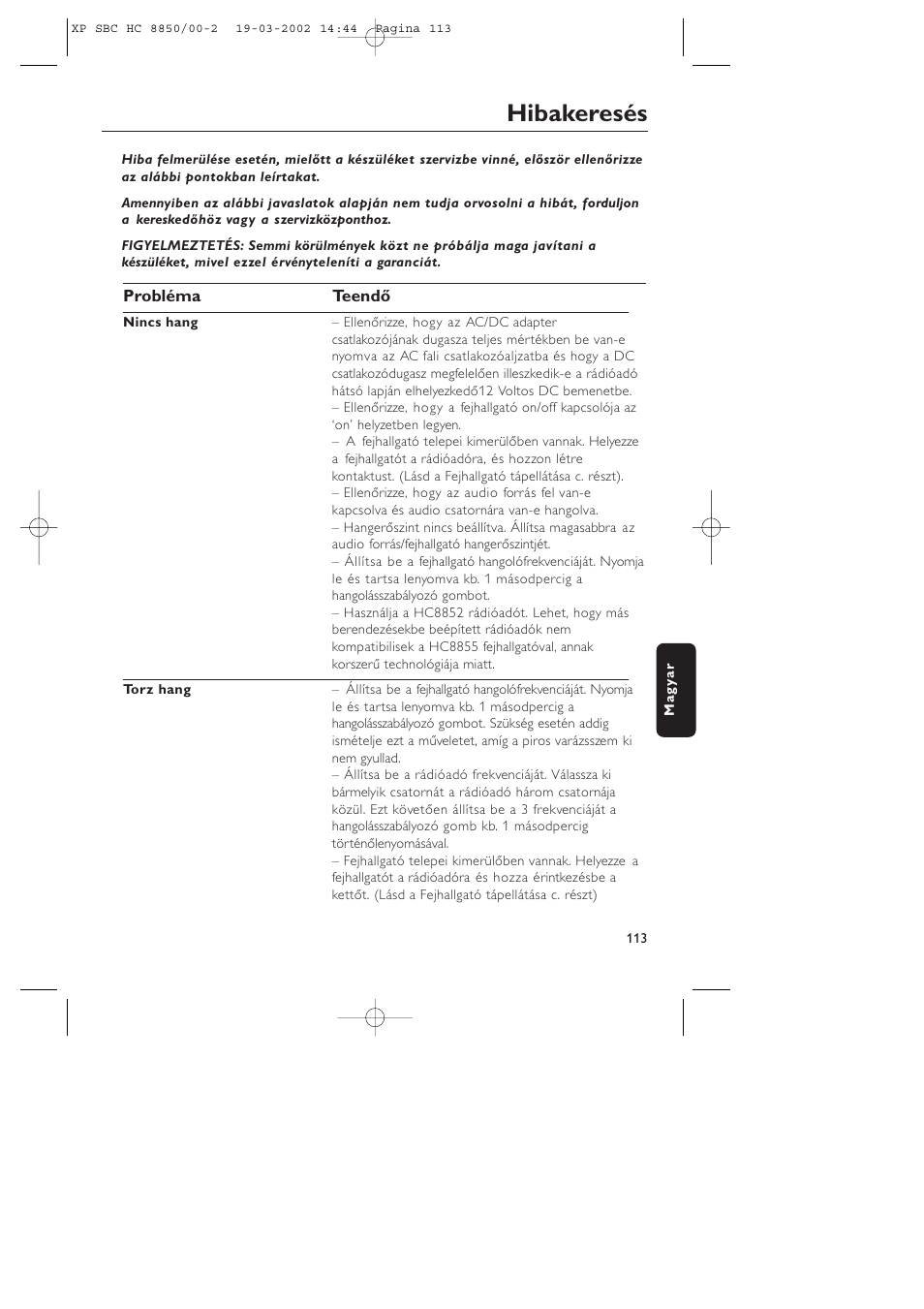 Hibakeresés | Philips HC8850 User Manual | Page 113 / 135