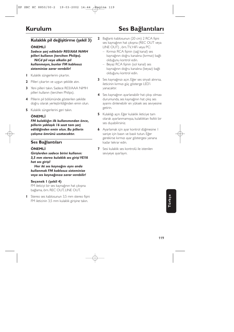 Kurulum ses bağlantıları | Philips HC8850 User Manual | Page 119 / 135