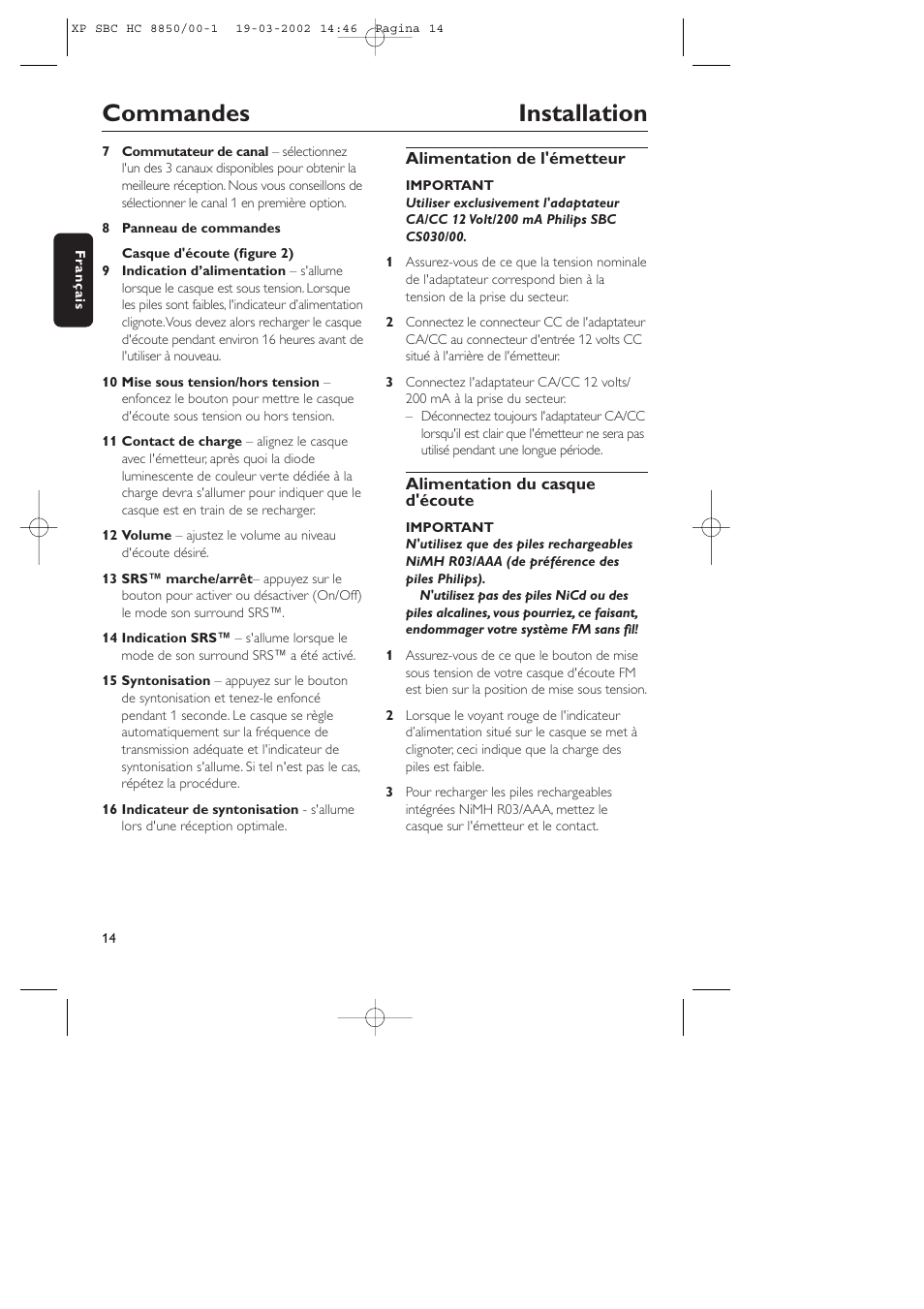 Commandes installation | Philips HC8850 User Manual | Page 14 / 135