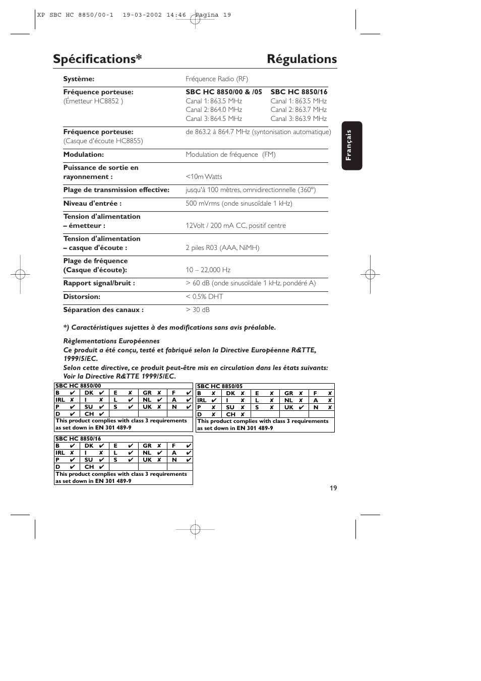 Spécifications* régulations | Philips HC8850 User Manual | Page 19 / 135