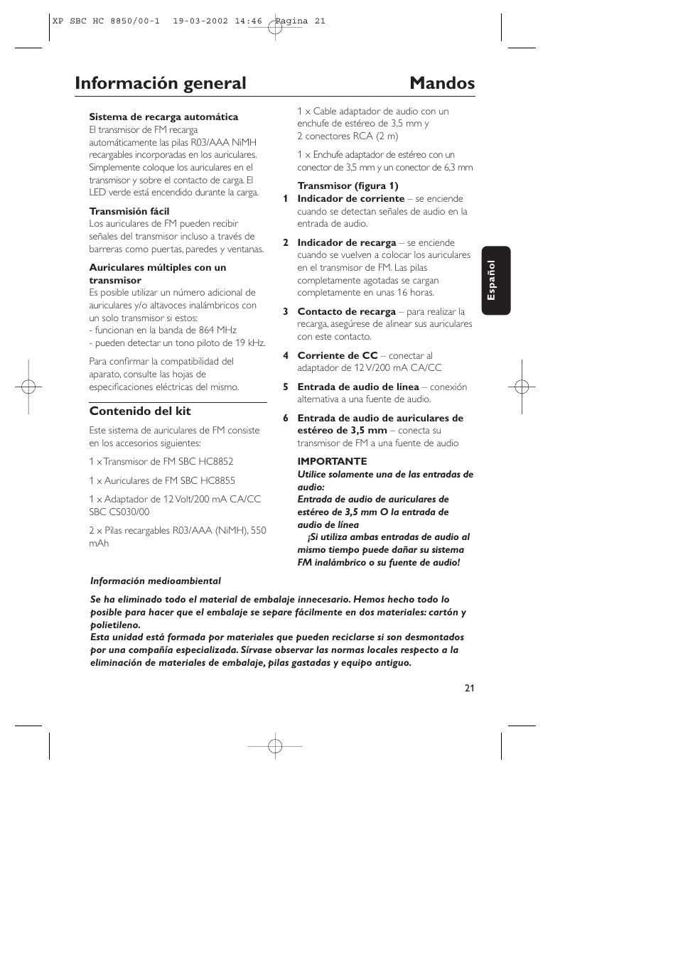 Información general mandos | Philips HC8850 User Manual | Page 21 / 135