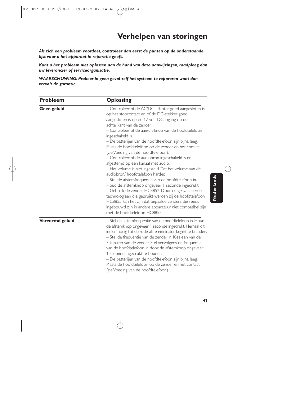 Verhelpen van storingen | Philips HC8850 User Manual | Page 41 / 135