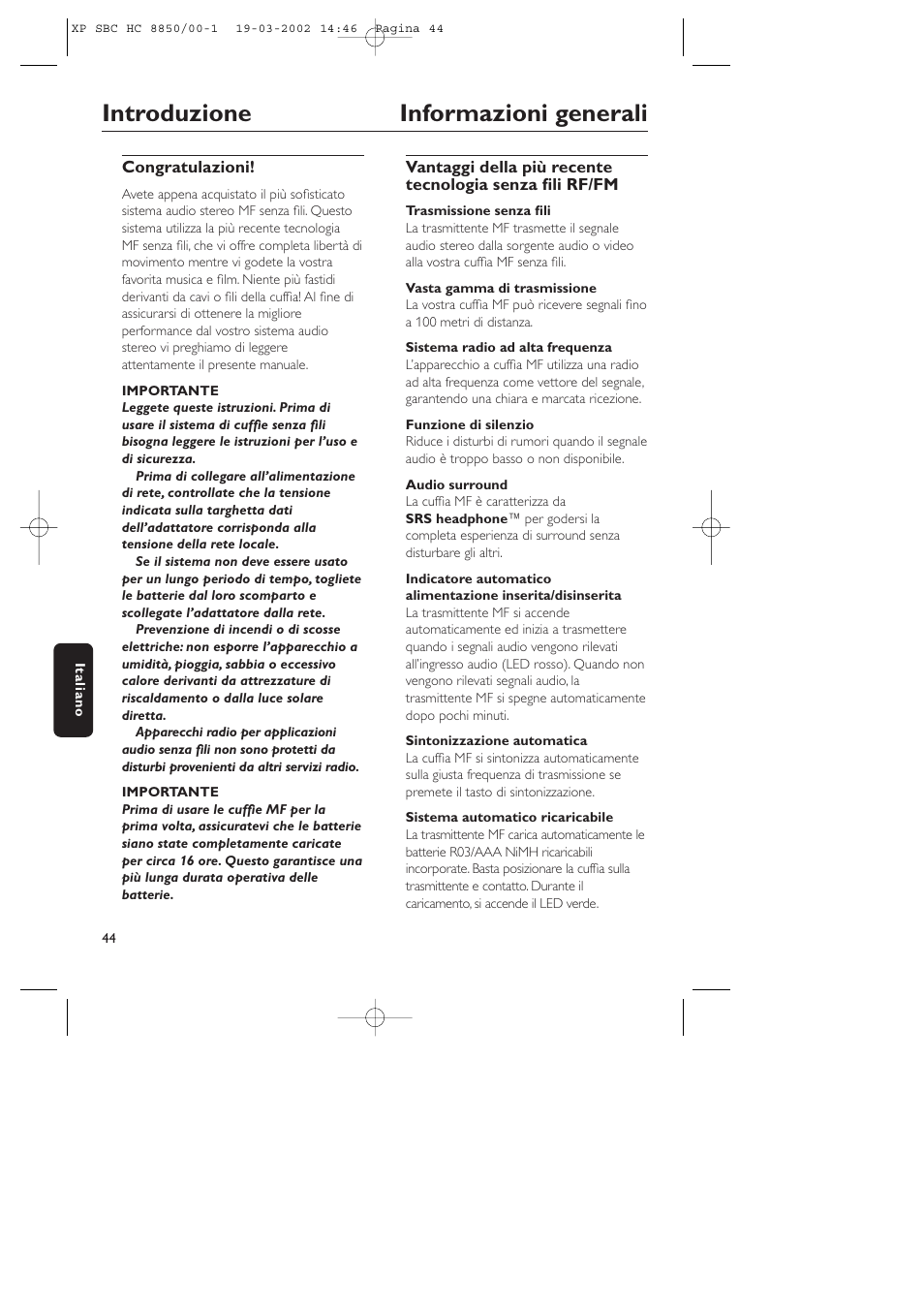 Introduzione informazioni generali | Philips HC8850 User Manual | Page 44 / 135