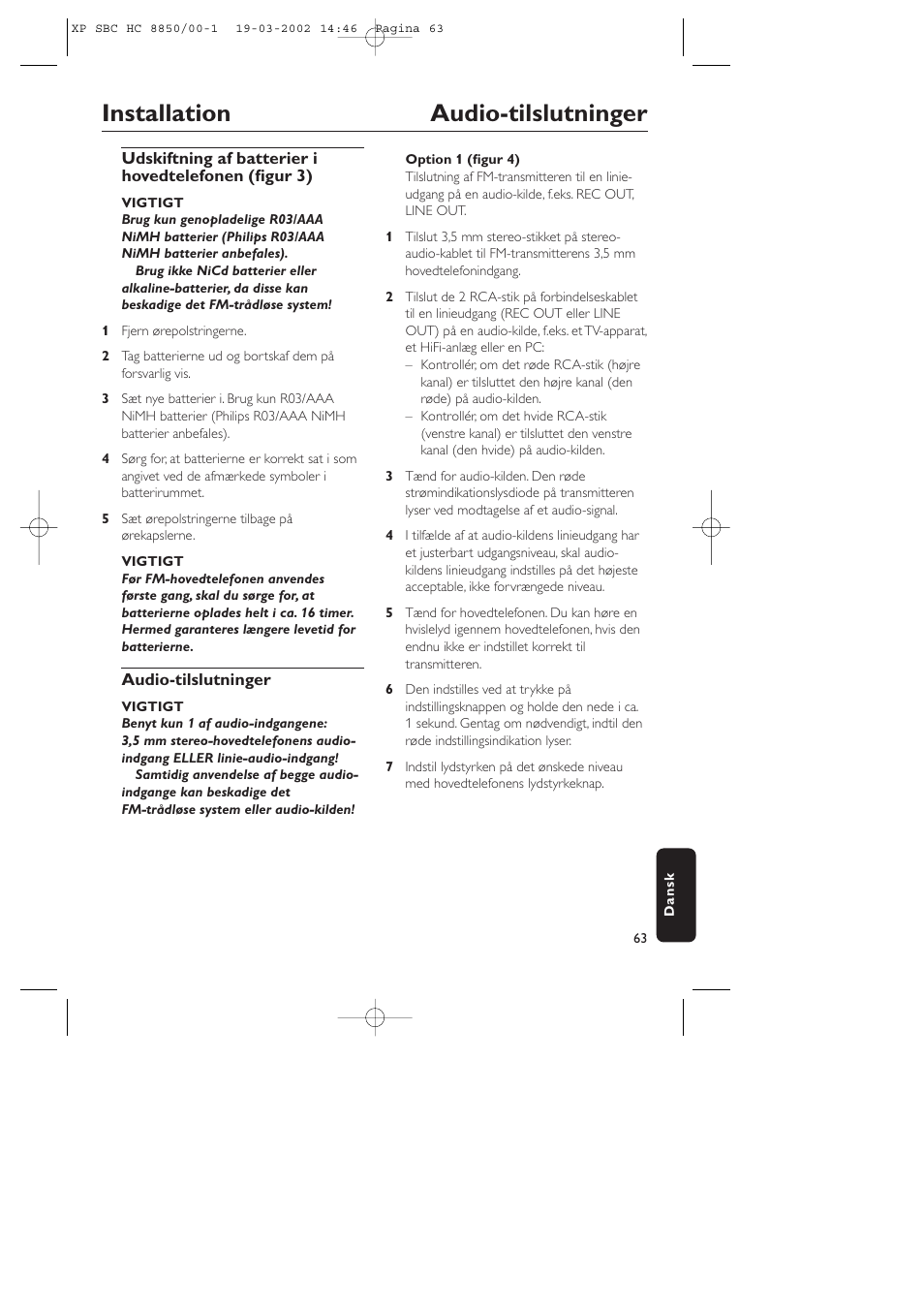 Installation audio-tilslutninger | Philips HC8850 User Manual | Page 63 / 135