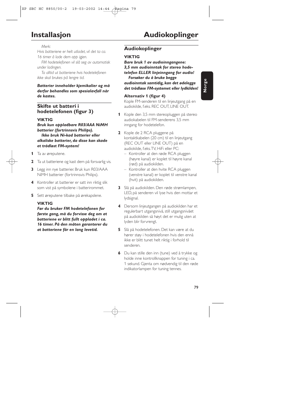 Installasjon audiokoplinger | Philips HC8850 User Manual | Page 79 / 135