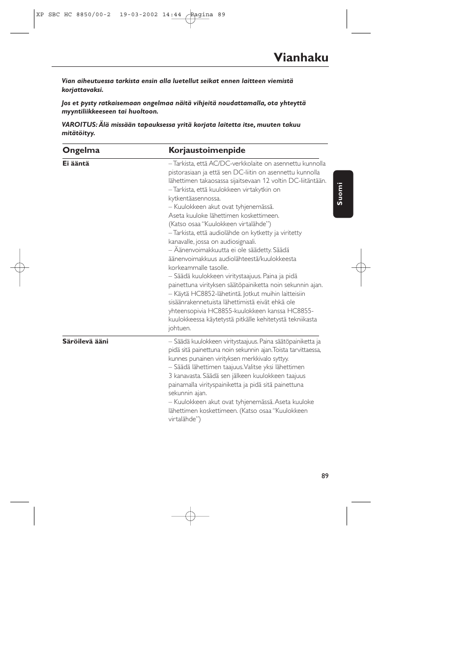 Vianhaku | Philips HC8850 User Manual | Page 89 / 135