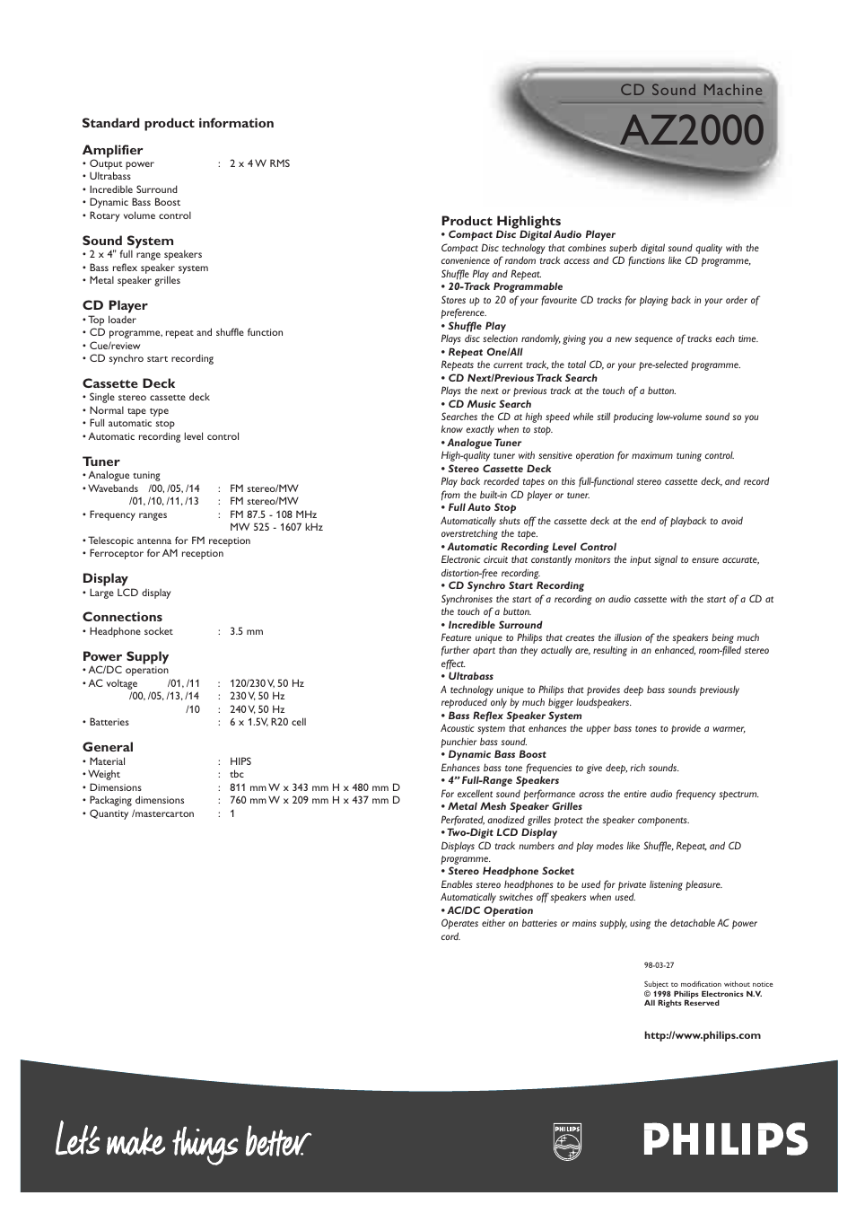 Az2000, Cd sound machine | Philips AZ2000 User Manual | Page 2 / 2