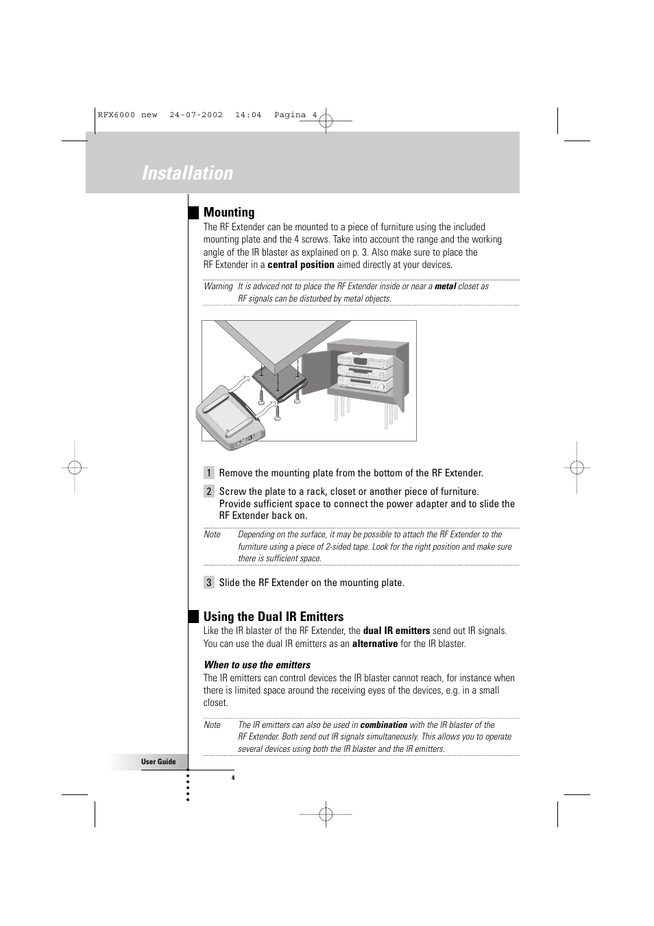 Installation, Mounting, Using the dual ir emitters | Philips RFX600099 User Manual | Page 4 / 8