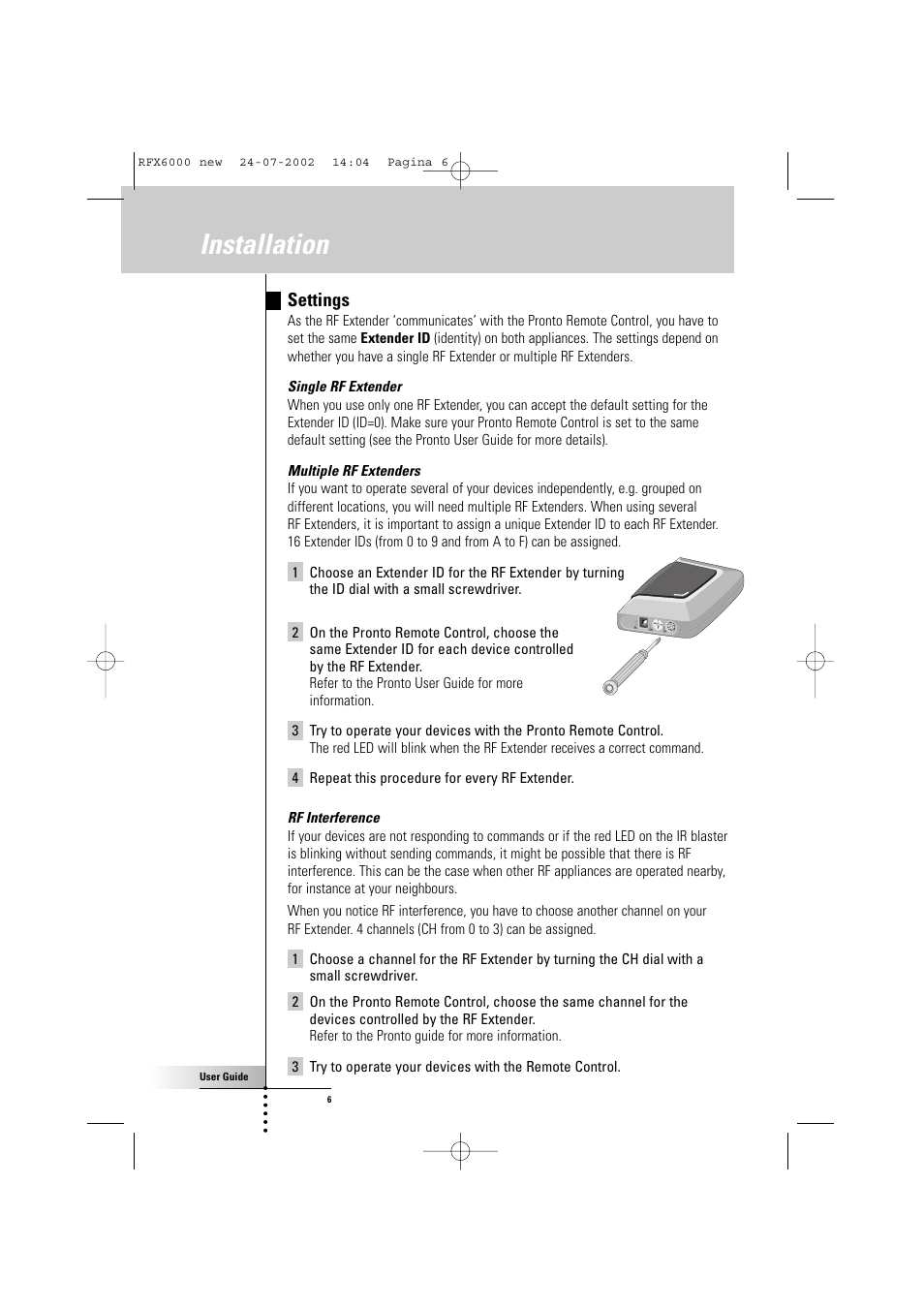 Installation, Settings | Philips RFX600099 User Manual | Page 6 / 8