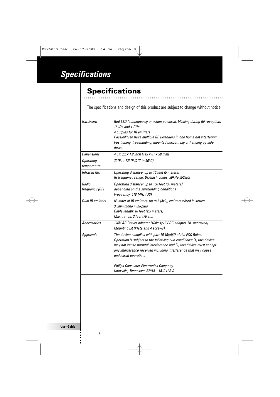Specifications | Philips RFX600099 User Manual | Page 8 / 8