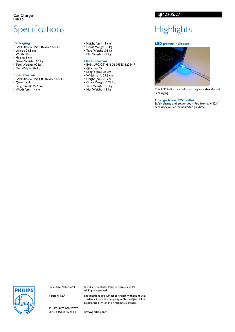 Specifications, Highlights | Philips SJM2205 User Manual | Page 2 / 2