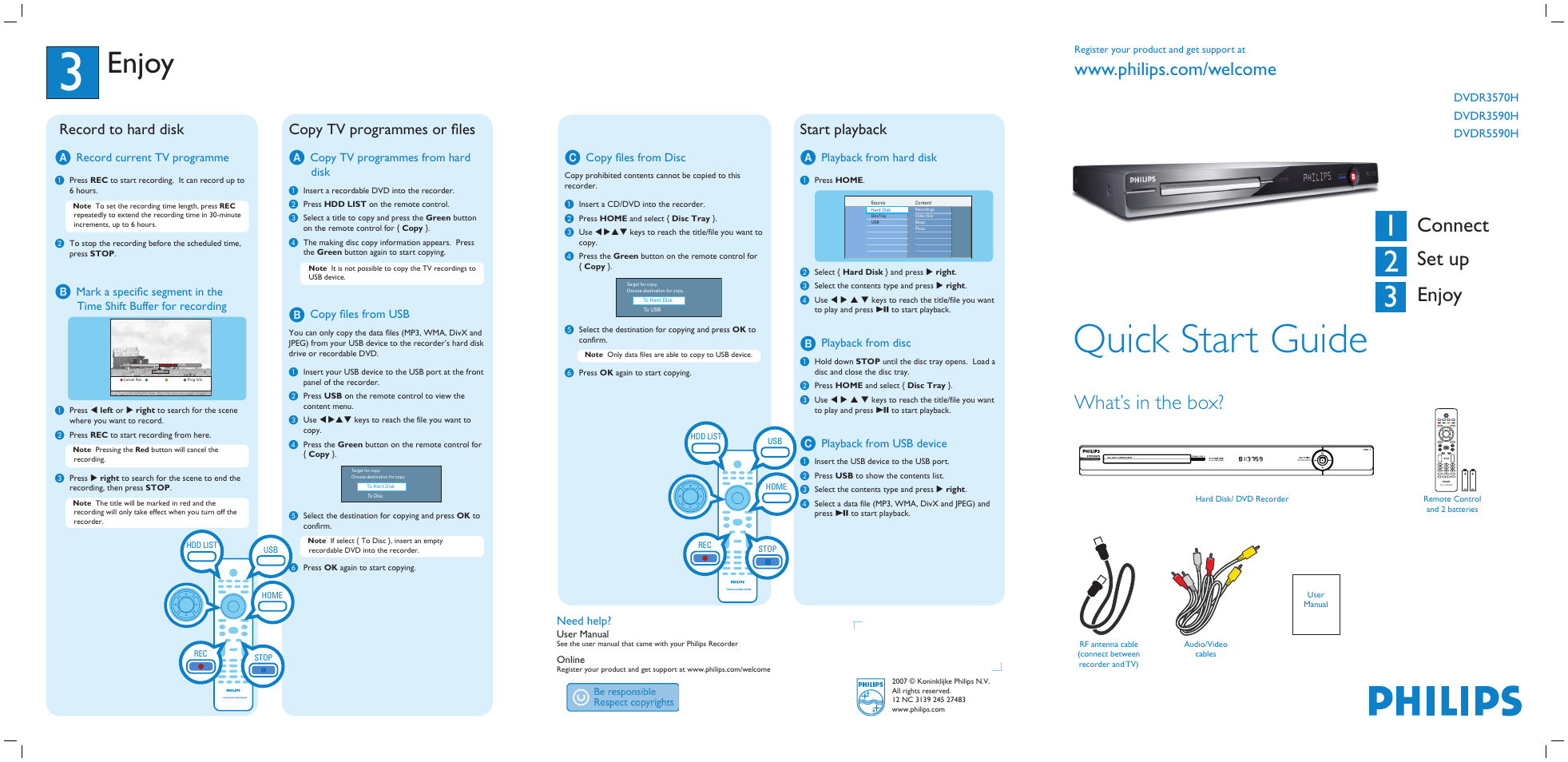 Quick start guide, Enjoy, What’s in the box | Connect set up enjoy, Record to hard disk a, Copy tv programmes or fi les a, Start playback a | Philips DVDR5590H/75 User Manual | Page 2 / 2