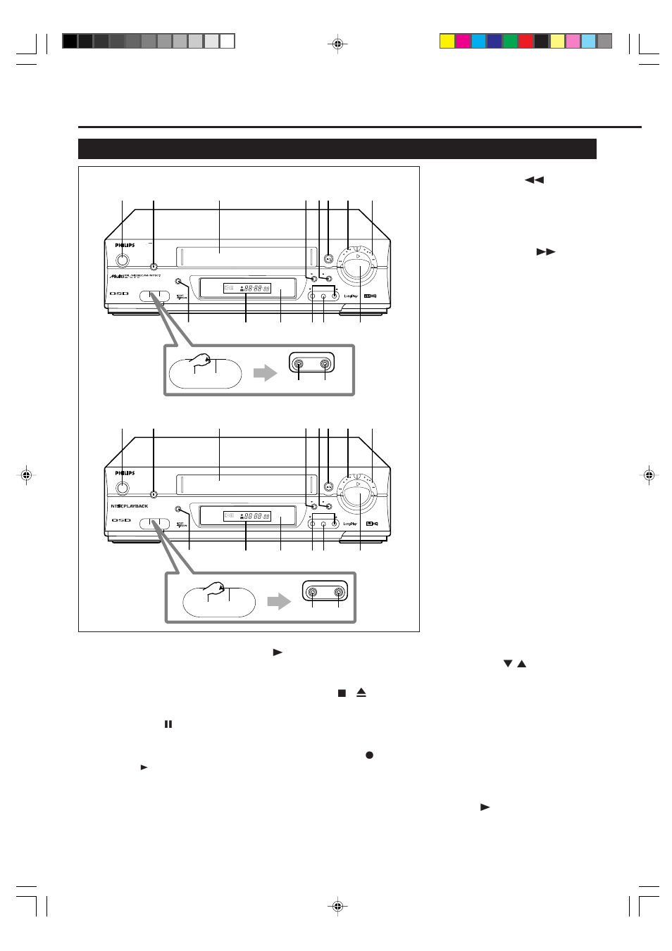 Escription, Ontrols, Front panel | 1 power button, 2 still/pause 8 button, 3 cassette compartment, 7 rew (rewind) 1 button, 8 ff (fast forward) ¡ button, 9 video input jack, 10 audio input jack | Philips VR499/75 User Manual | Page 2 / 20