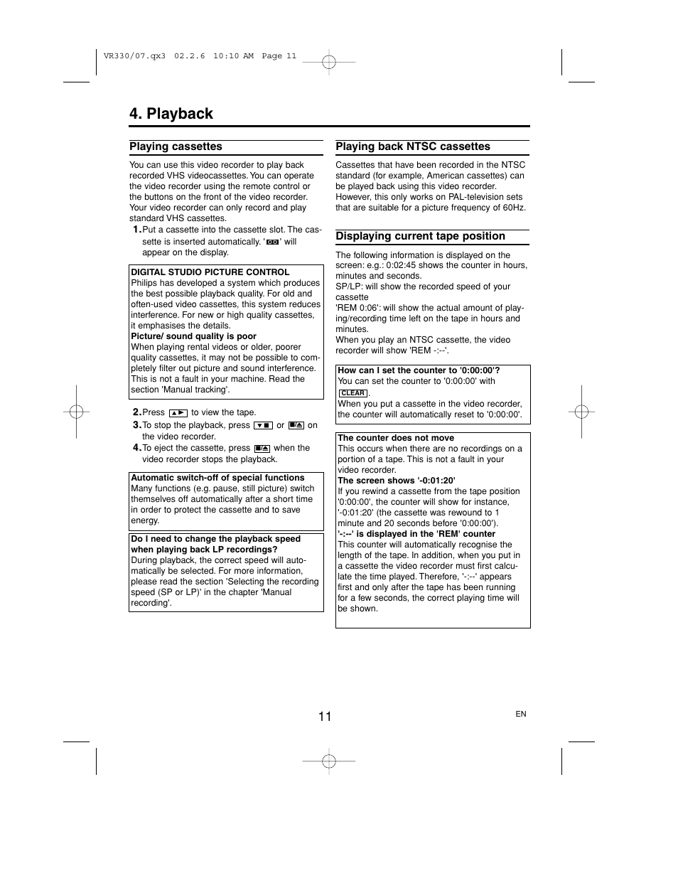 Playback, Playing cassettes, Playing back ntsc cassettes | Displaying current tape position | Philips P406TAT User Manual | Page 11 / 21