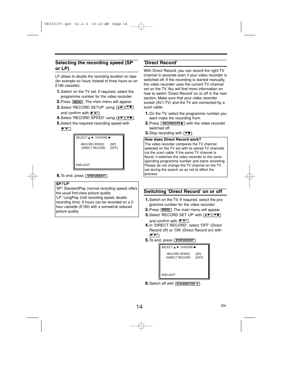 Selecting the recording speed (sp or lp), Direct record, Switching 'direct record' on or off | Philips P406TAT User Manual | Page 14 / 21