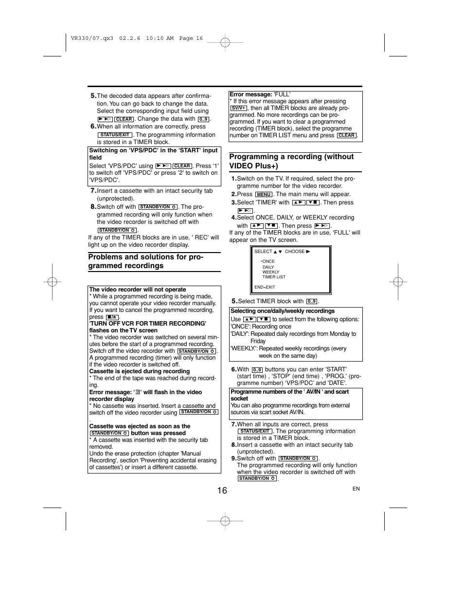 Problems and solutions for programmed, Recordings, Programming a recording | Without video plus+) | Philips P406TAT User Manual | Page 16 / 21