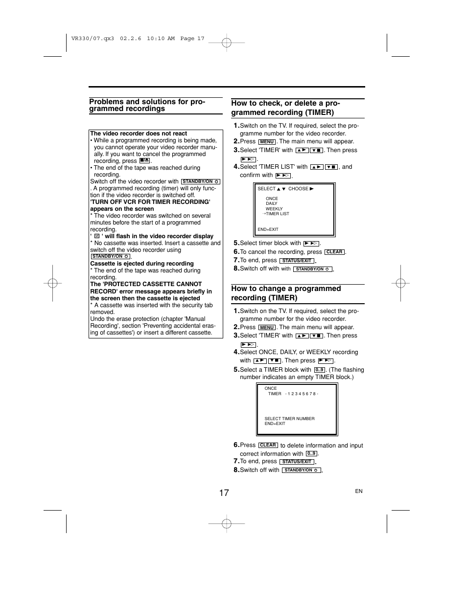 Problems and solutions for programmed, Recordings, How to change a programmed | Recording(timer), How to change a programmed recording (timer) | Philips P406TAT User Manual | Page 17 / 21