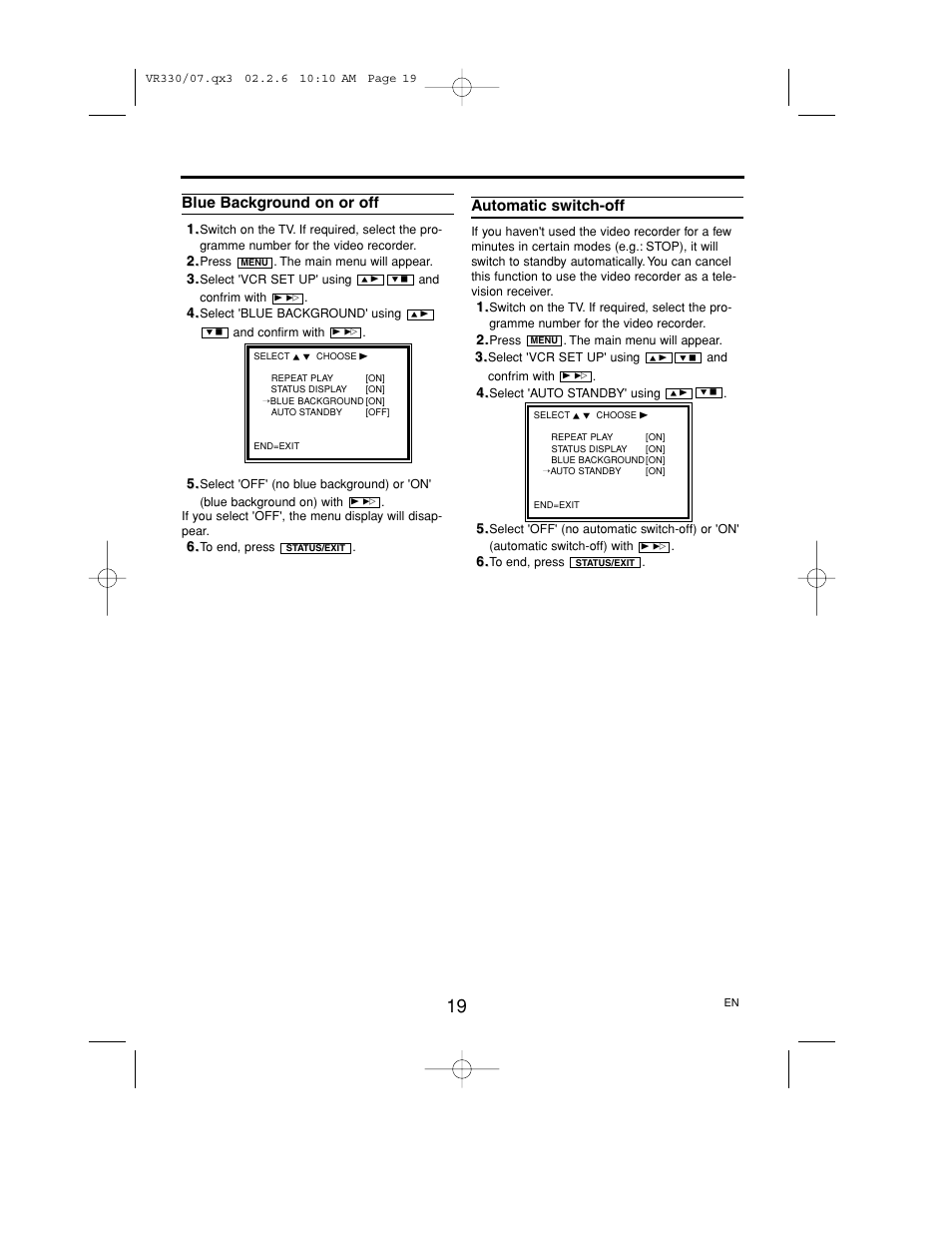 Blue background on or off, Automatic switch-off | Philips P406TAT User Manual | Page 19 / 21