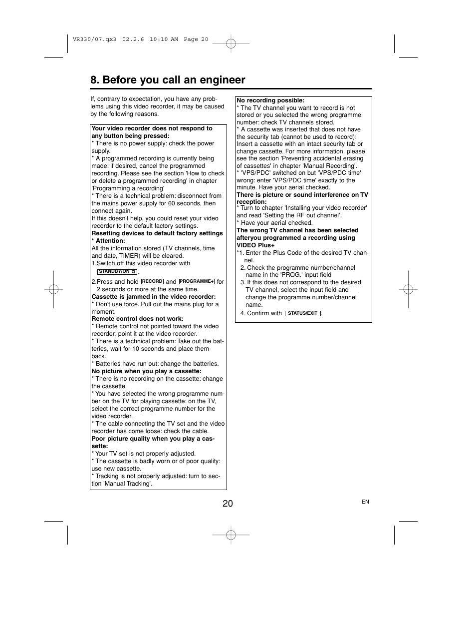 Before you call an engineer | Philips P406TAT User Manual | Page 20 / 21