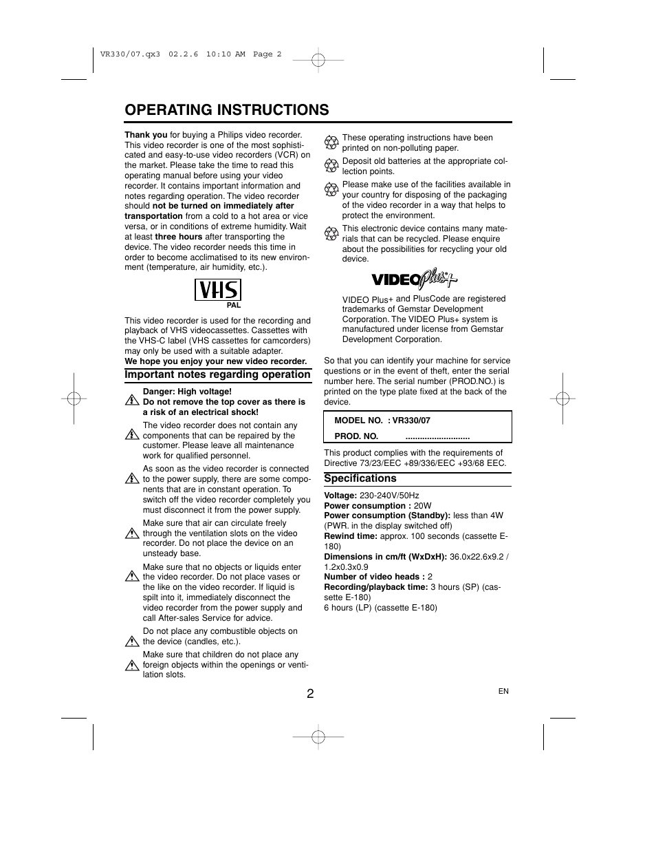 Operating instructions | Philips P406TAT User Manual | Page 3 / 21