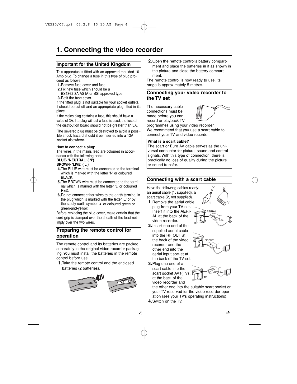 Connecting the video recorder, Important for the united kingdom, Preparing the remote control for operation | Connecting your video recorder to the tv set, Connecting with a scart cable | Philips P406TAT User Manual | Page 4 / 21