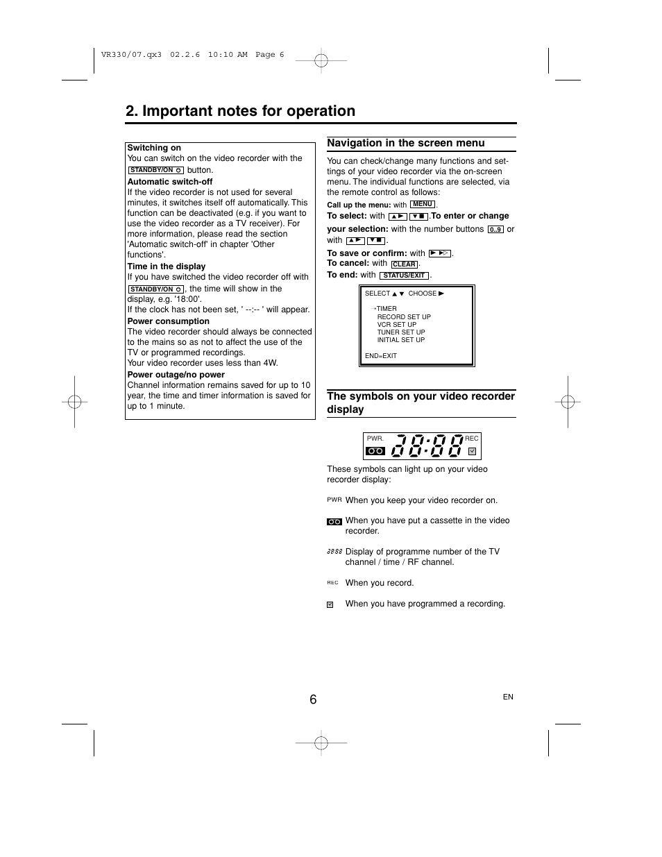 Important notes for operation, Navigation in the screen menu, The symbols on your video recorder display | Philips P406TAT User Manual | Page 6 / 21