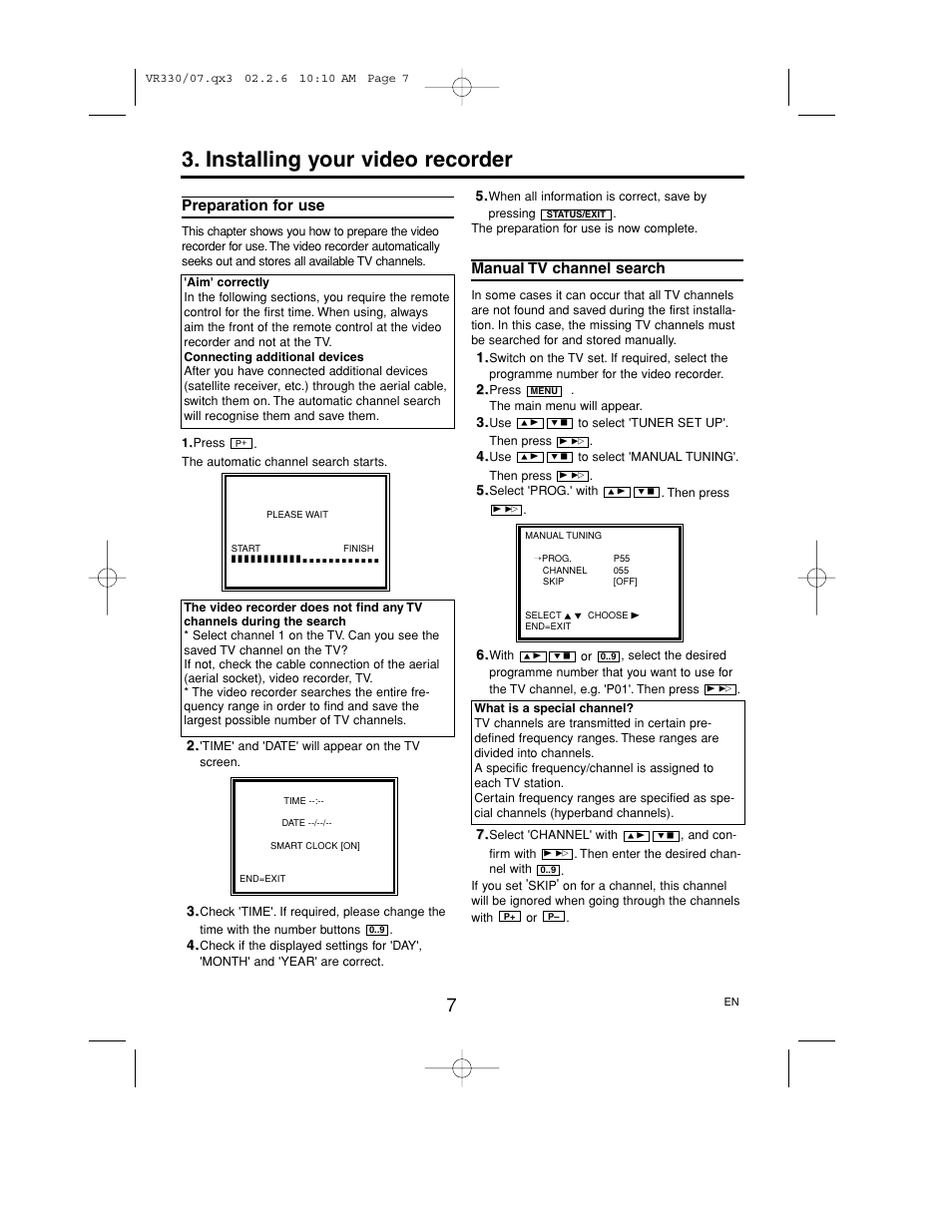 Installing your video recorder, Preparation for use, Manual tv channel search | Philips P406TAT User Manual | Page 7 / 21