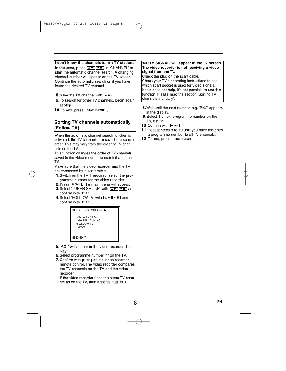 Sorting tv channels automatically (follow tv) | Philips P406TAT User Manual | Page 8 / 21