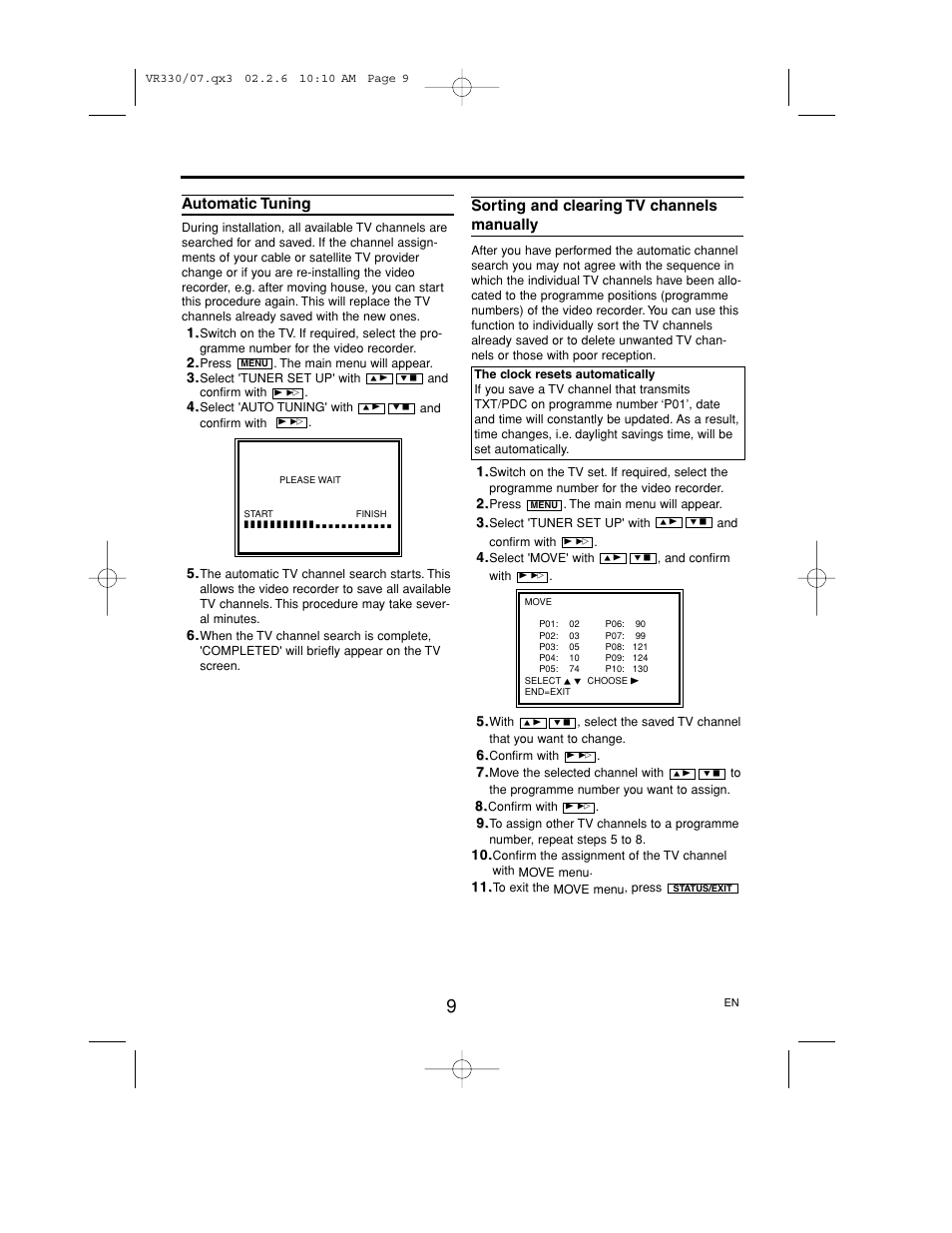 Automatic tuning, Sorting and clearing tv channels manually | Philips P406TAT User Manual | Page 9 / 21