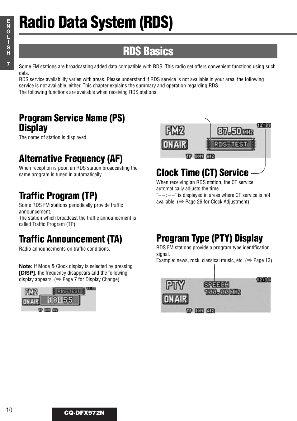 Radio data system (rds), Rds basics, Program service name (ps) display | Alternative frequency (af), Traffic program (tp), Traffic announcement (ta), Clock time (ct) service, Program type (pty) display | Philips CQ-DFX972N User Manual | Page 10 / 46
