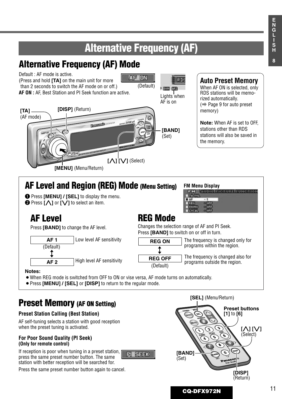 Alternative frequency (af), Alternative frequency (af) mode, Af level and region (reg) mode | Af level, Reg mode, Menu setting), Af on setting), Cq-dfx972n, For poor sound quality (pi seek), Preset station calling (best station) | Philips CQ-DFX972N User Manual | Page 11 / 46