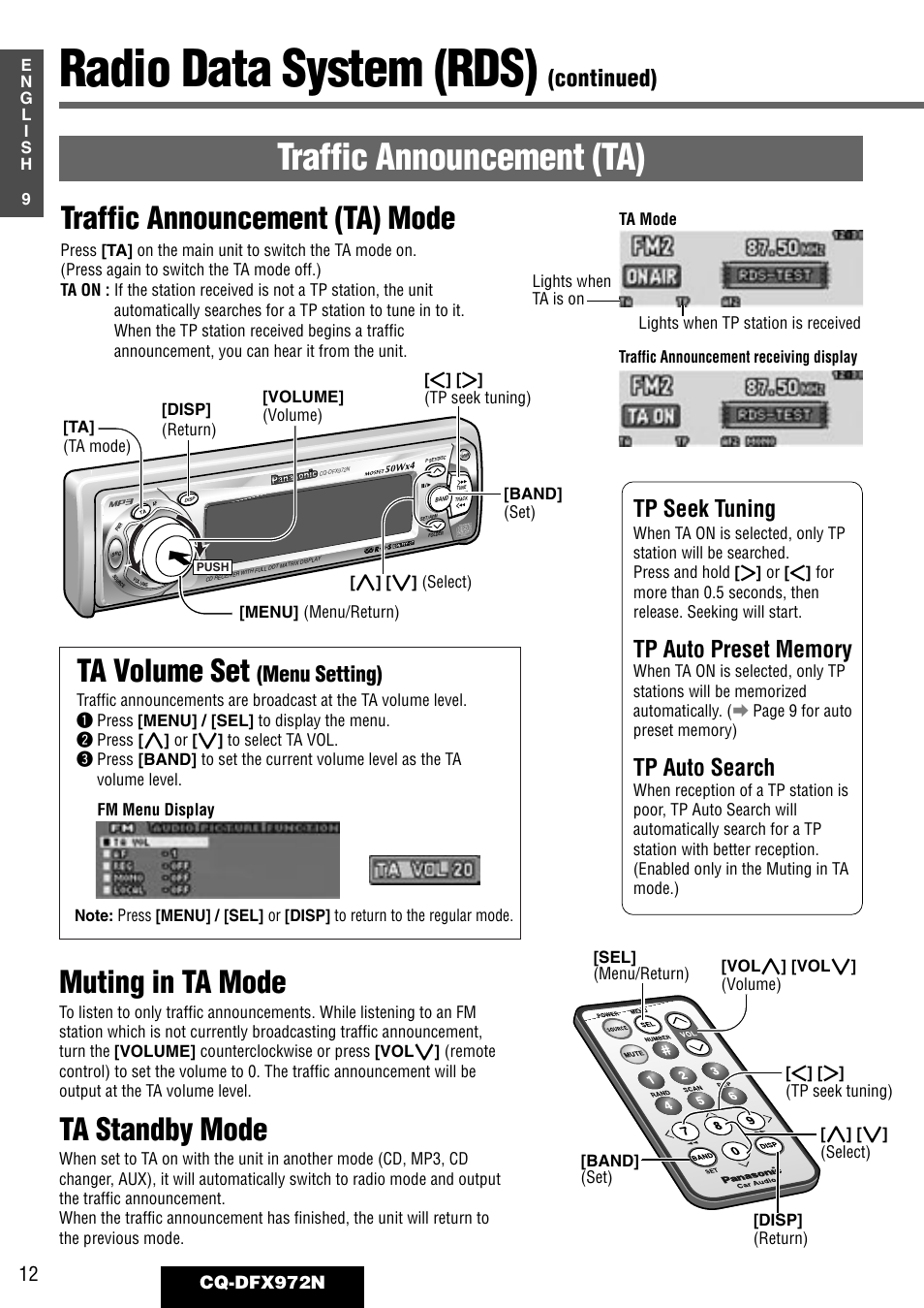 Radio data system (rds), Traffic announcement (ta), Traffic announcement (ta) mode | Muting in ta mode, Ta standby mode, Ta volume set, Continued), Tp seek tuning, Tp auto search, Menu setting) | Philips CQ-DFX972N User Manual | Page 12 / 46