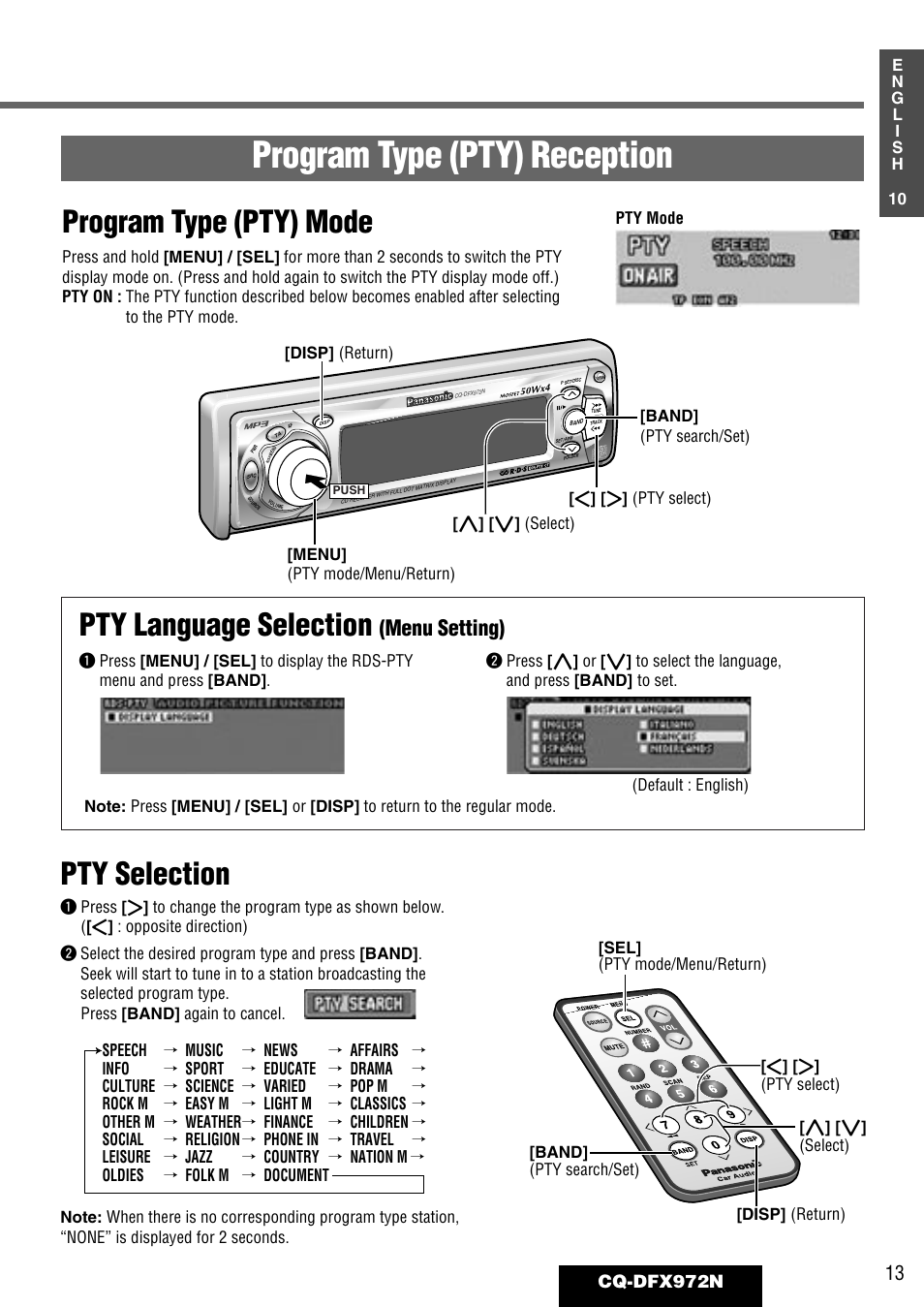 Program type (pty) reception, Program type (pty) mode, Pty selection | Pty language selection, Menu setting), Cq-dfx972n | Philips CQ-DFX972N User Manual | Page 13 / 46