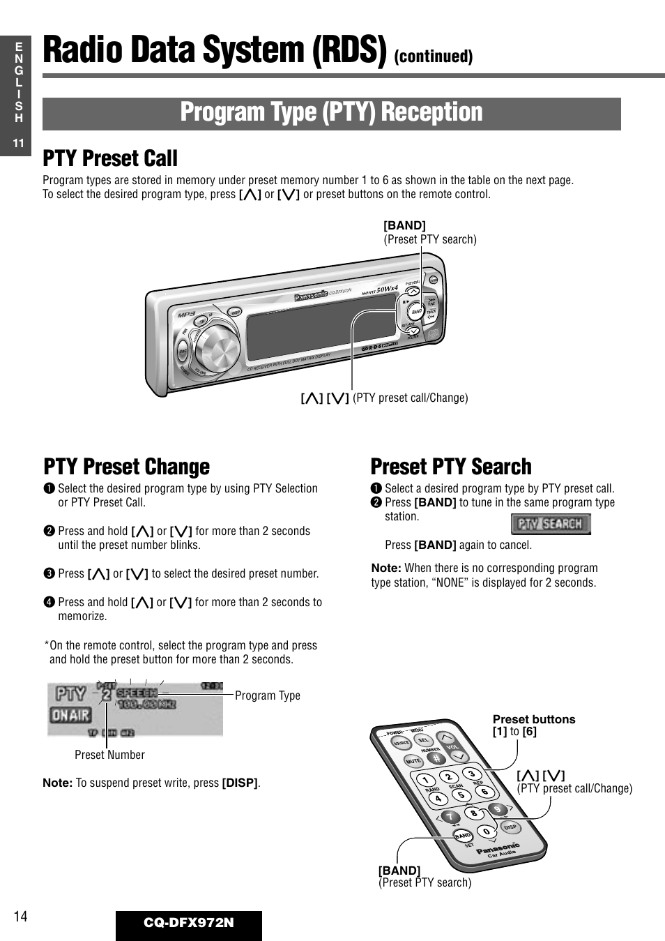 Radio data system (rds), Program type (pty) reception, Pty preset call | Pty preset change, Preset pty search, Continued), Cq-dfx972n | Philips CQ-DFX972N User Manual | Page 14 / 46