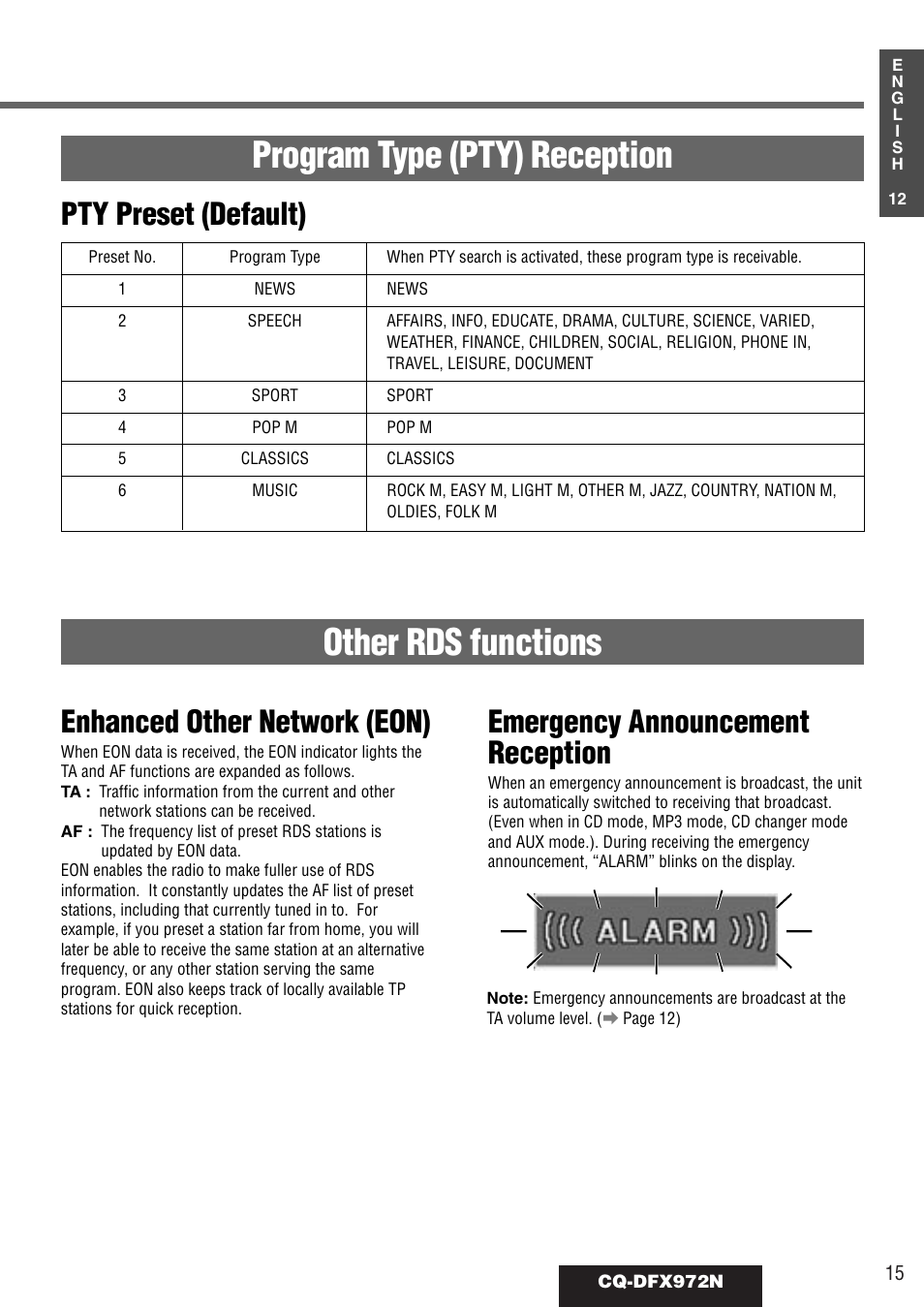 Program type (pty) reception other rds functions, Pty preset (default), Enhanced other network (eon) | Emergency announcement reception | Philips CQ-DFX972N User Manual | Page 15 / 46