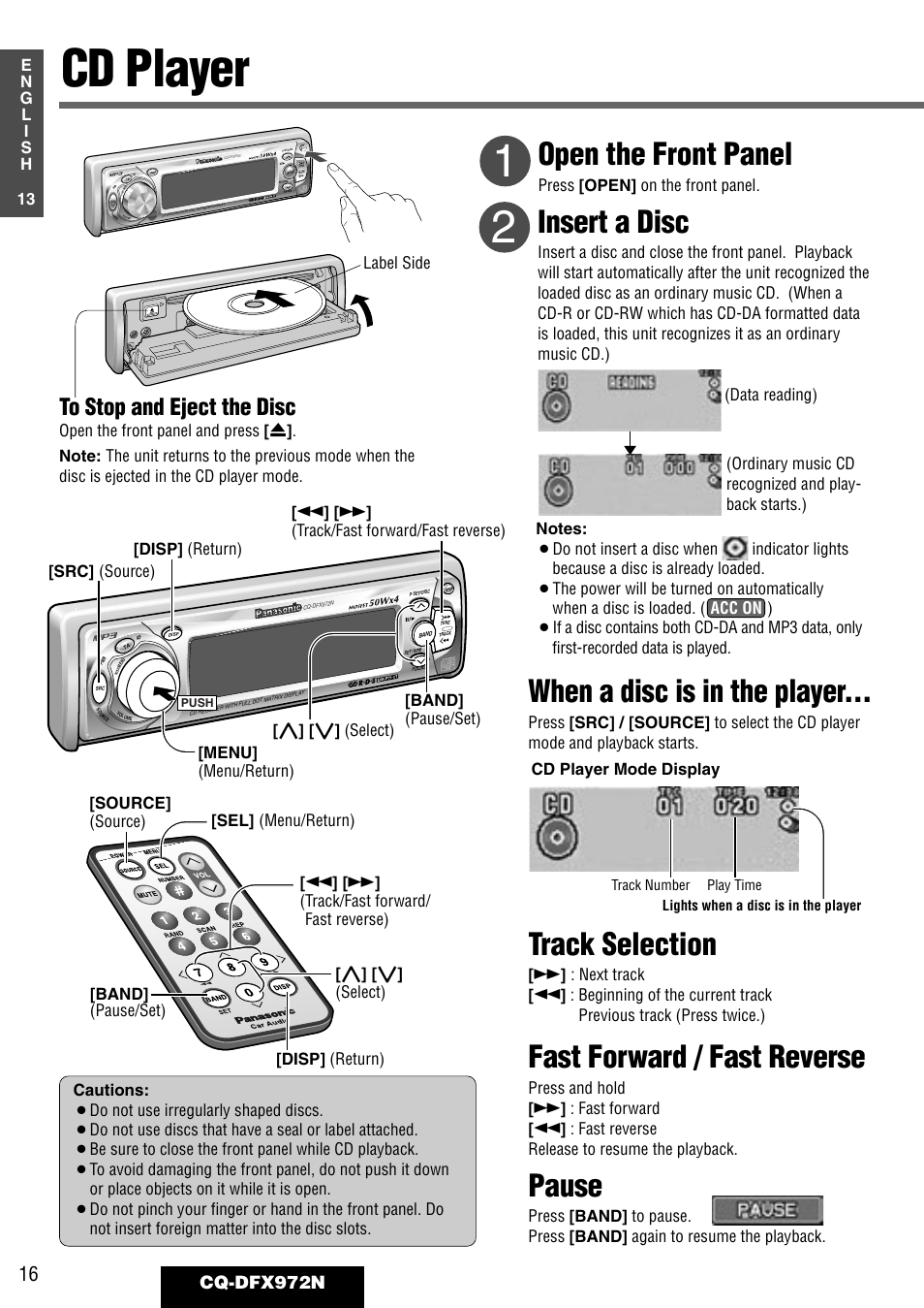 Cd player, Insert a disc, Fast forward / fast reverse | Open the front panel, When a disc is in the player, Track selection, Pause, Cq-dfx972n, Label side, Press [open] on the front panel | Philips CQ-DFX972N User Manual | Page 16 / 46