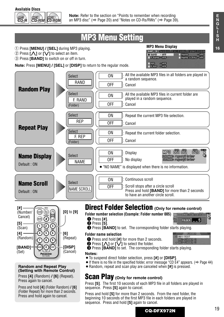 Mp3 menu setting, Scan play, Direct folder selection | Random play, Repeat play, Name display, Name scroll | Philips CQ-DFX972N User Manual | Page 19 / 46