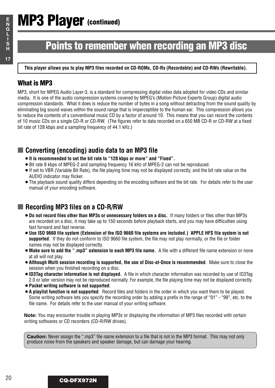 Mp3 player, Points to remember when recording an mp3 disc, Continued) | Converting (encoding) audio data to an mp3 file, Recording mp3 files on a cd-r/rw what is mp3 | Philips CQ-DFX972N User Manual | Page 20 / 46