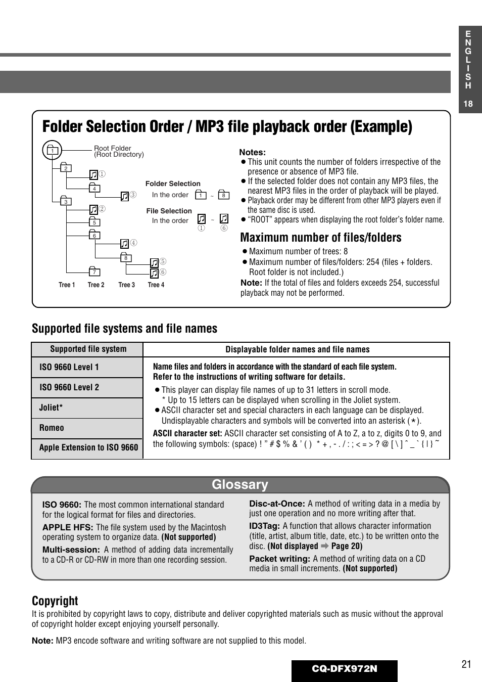 Glossary, Supported file systems and file names, Copyright | Maximum number of files/folders | Philips CQ-DFX972N User Manual | Page 21 / 46